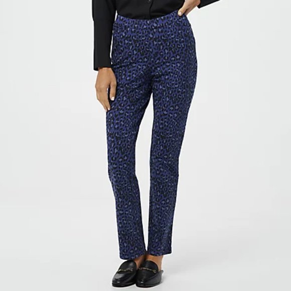 Denim&Co Pants - Denim & Co Leopard Print Comfy Knit Denim Straight Leg Pants   8464